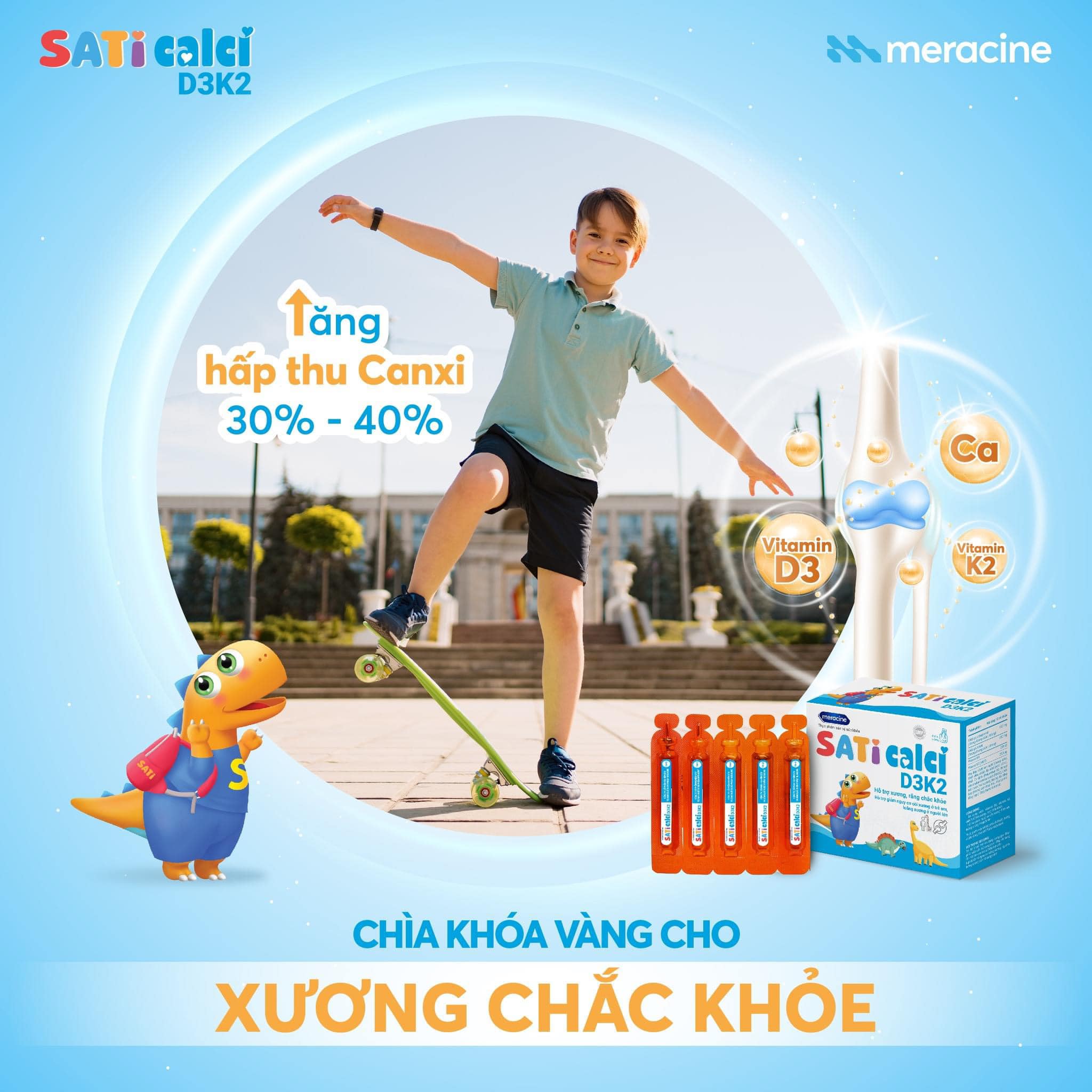 SatiCalci D3K2 bổ sung Canxi dạng hữu cơ hàm lượng cao và an toàn cho bé.