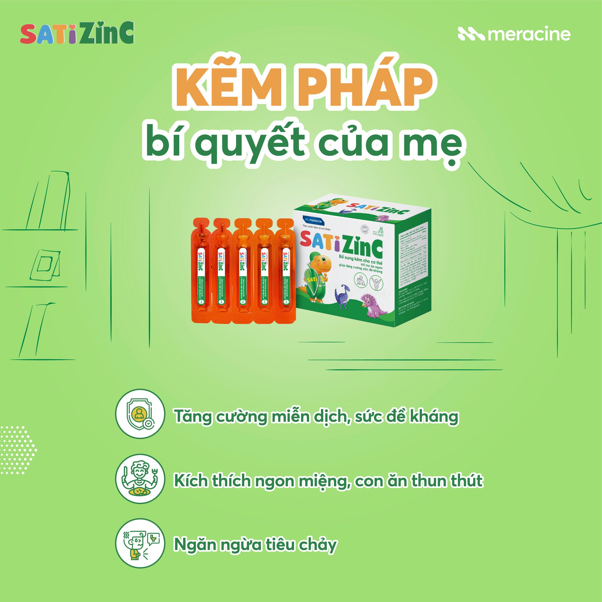 SatiZinc - thực phẩm bổ sung kẽm hàm lượng cao, tiện lợi với thành phần kẽm vượt trội.