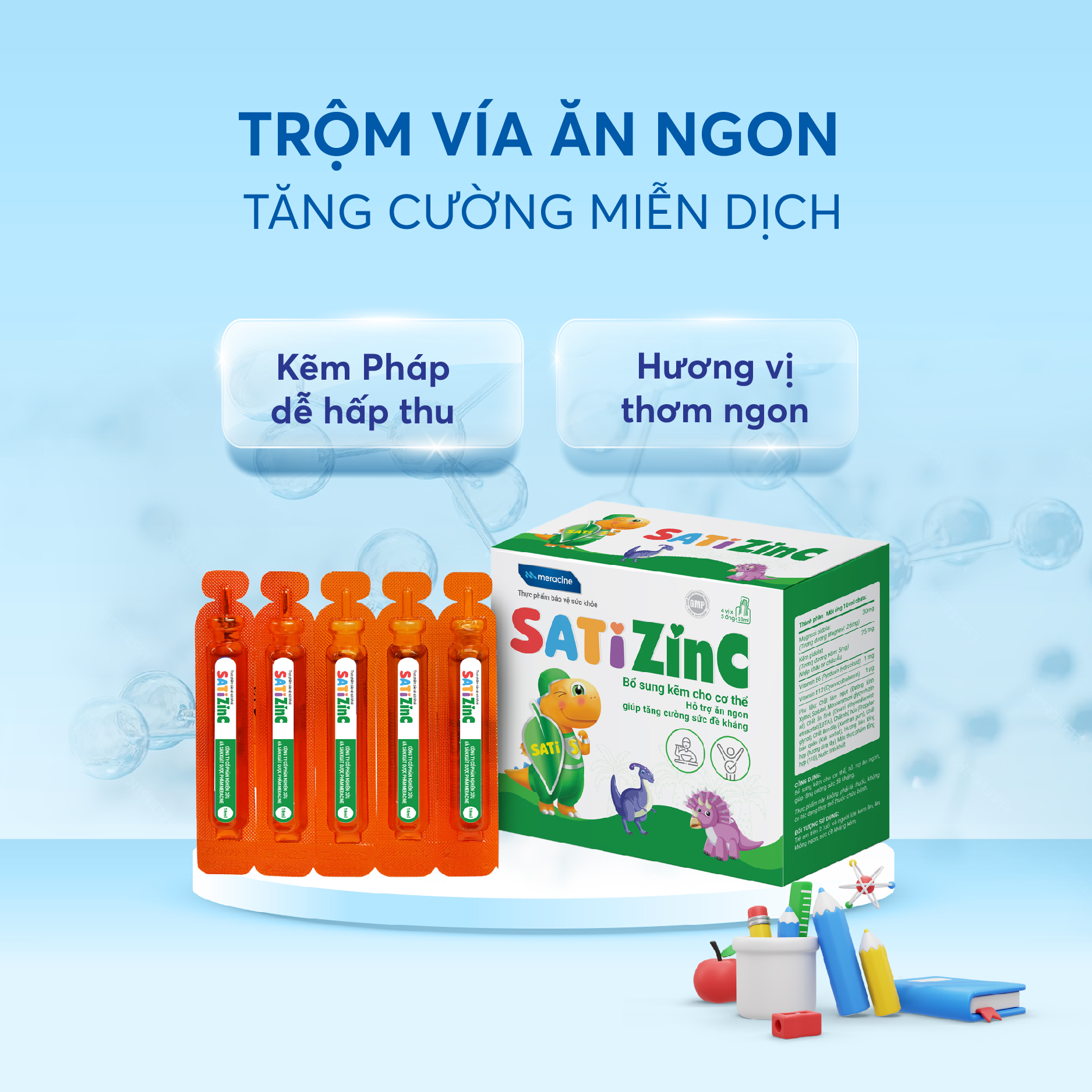 SatiZinc nằm trong số ít loại kẽm bổ sung trên thị trường chứa kẽm hữu cơ pidolat hàm lượng cao.